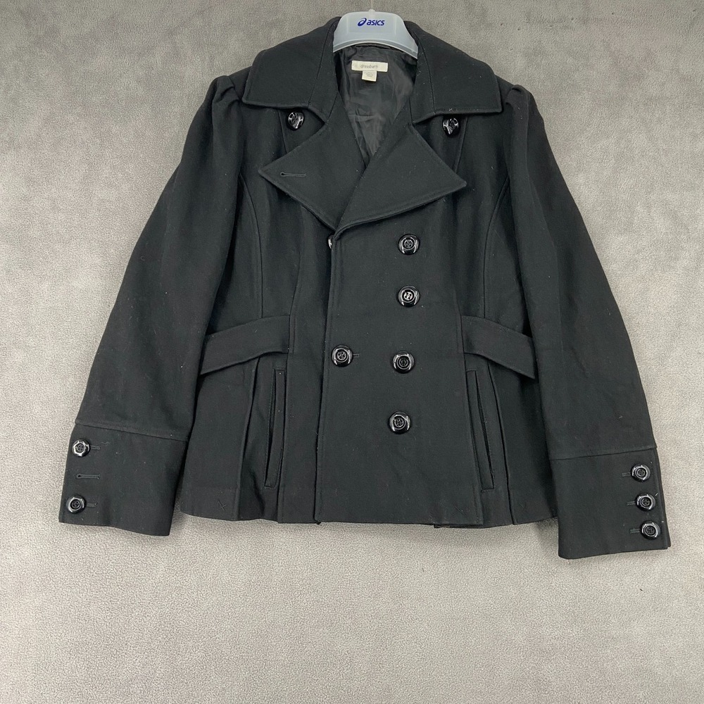 Dressbarn Pea Coat Womens XL Black Wool Lined Double Breasted‎ Belt Waist Formal